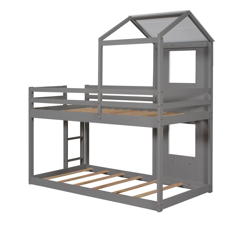 White Twin Over Twin Wood Bunk Bed with Roof, Window, Guardrail, and Ladder
