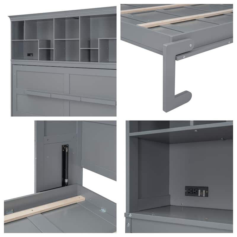 Queen Size Wood Murphy Bed with Top Shelves and USB Port