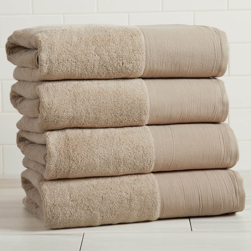Linery & Co. Ultra-Soft Cotton and Linen Like Border Towel Set - Stone - Bath Towel (Pack of 4)