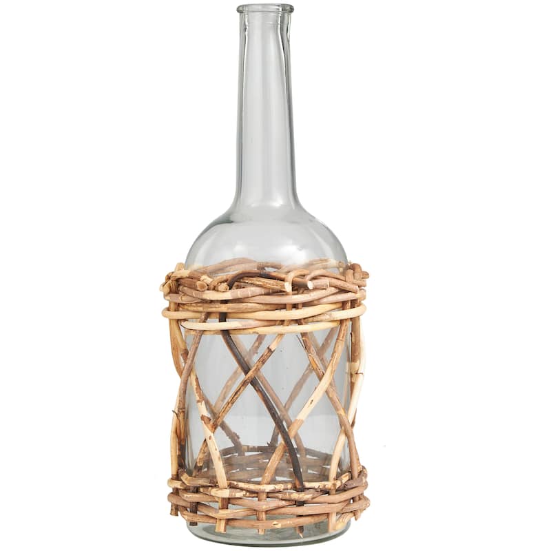 Clear Glass Handmade Tall Vase with Brown Rattan Woven Lower Body