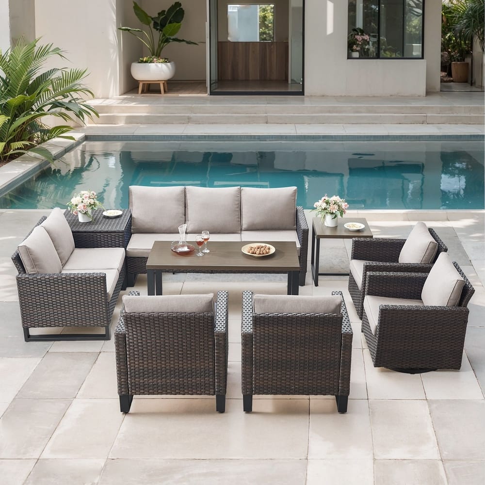 Gymojoy 9 Person Outdoor Courtyard Wicker Family Conversation Set Group With Swivel Chairs And Storage