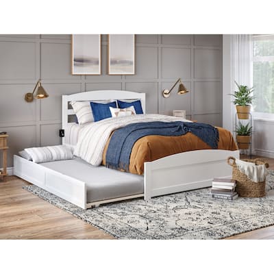 Gothic Platform Bed with Trundle & Charging Station - Queen Size, White - No Box Spring Needed