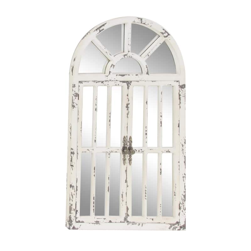 Wood Window Pane Inspired 2 Door Room Wall Mirror with Arched Top and Distressing - White - Roche River Decor