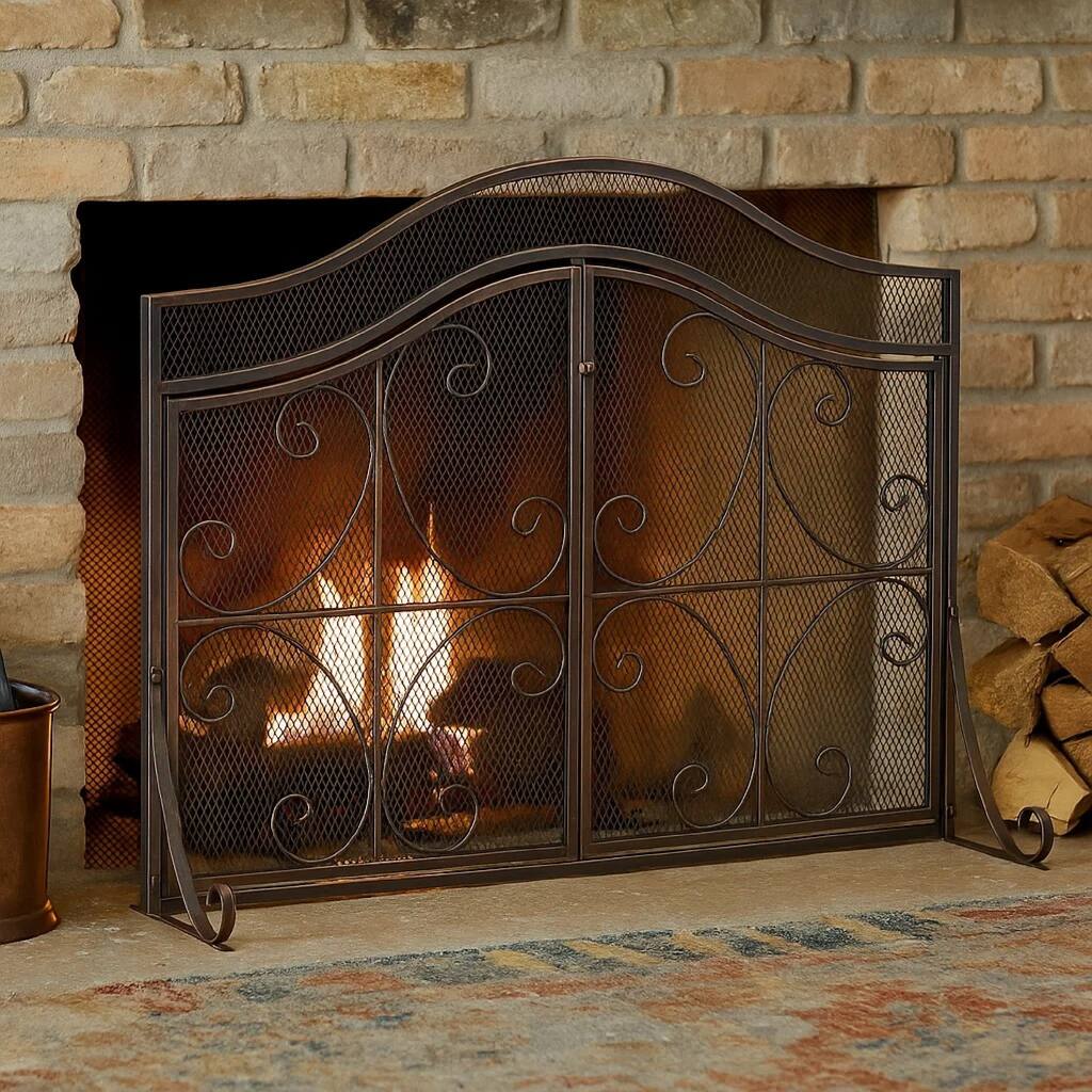 Fireplace Screen, 3 Panels 2 Doors, Black Copper Diamond Mesh Scrolled