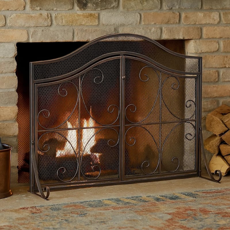 Fireplace Screen, 3 Panels 2 Doors, Black Copper Diamond Mesh Scrolled