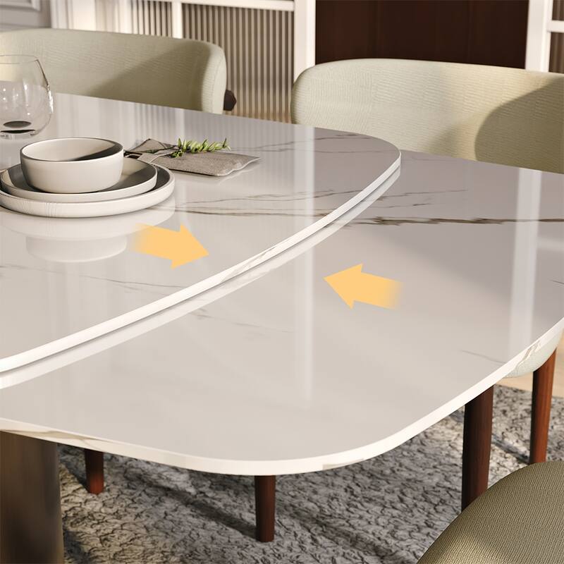 63-95"Extendable Modern Dining Table for 6-10, White Glossy Sintered Stone Tabletop, Bronze Carbon Steel Smile Legs