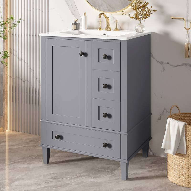 24 Inch Single Sink Bathroom Vanity, Integrated Ceramic Basin Bathroom Storage Cabinet