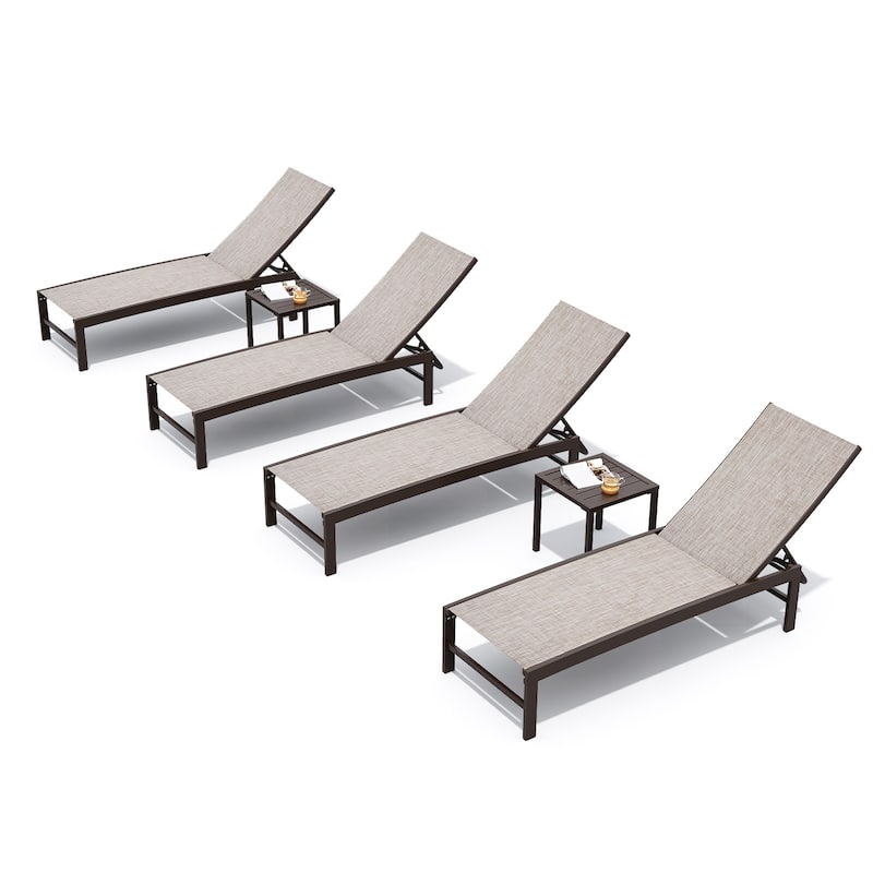 Outdoor Aluminum Chaise Lounge Chairs and Side Table, Sun Lounger with Adjustable Backrest - Two Sets, Beige
