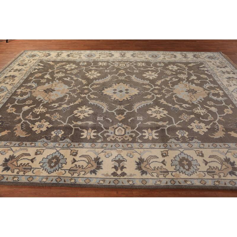 Brown Floral Oushak Indian Area Rug Hand-Knotted Wool Carpet - 9'0"x 11'10"