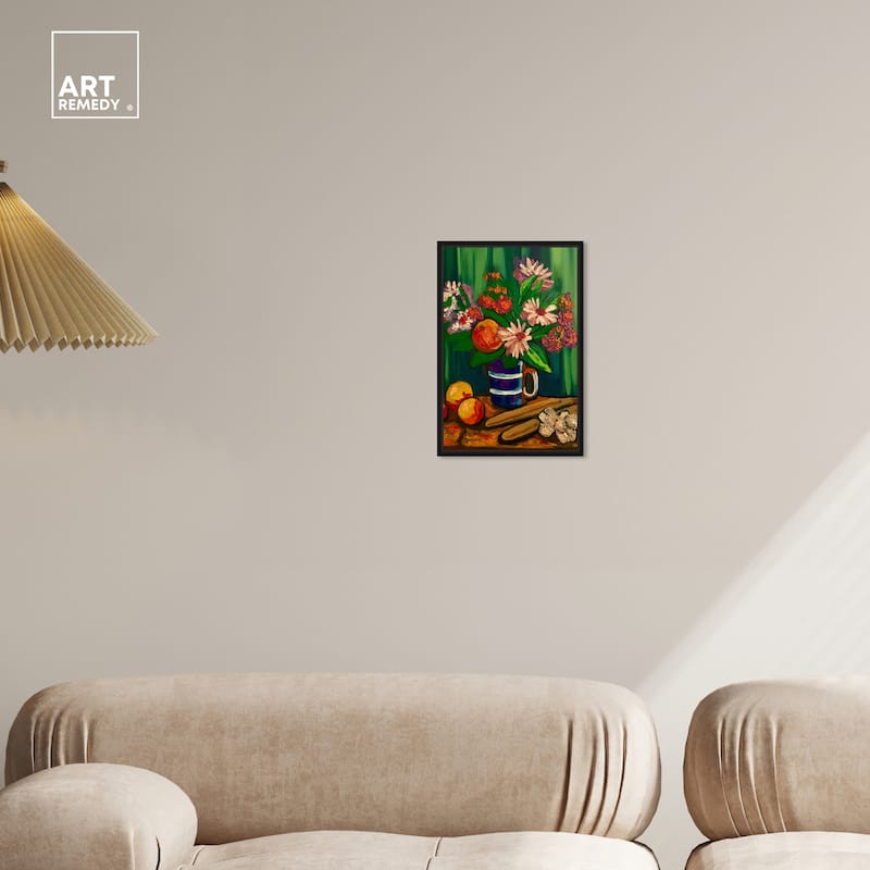 Art Remedy Floral Vase And Fruits Framed Flowers In Vase Paintings