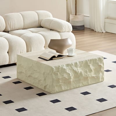 Sculptural Rock Surface Square Coffee Table Fiberglass Conter Table with Faux Stone Textured for Living Room, Minimalist Decor