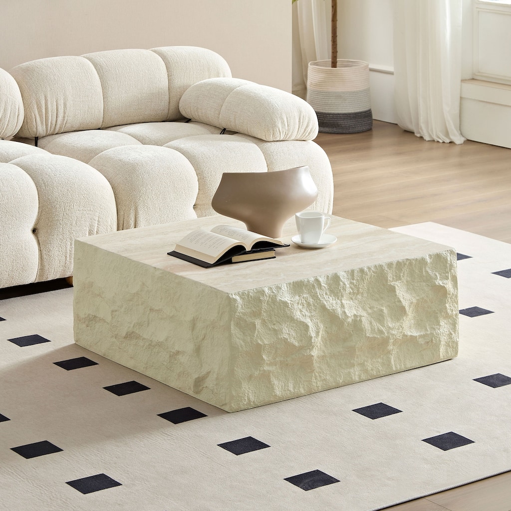 Sculptural Rock Surface Square Coffee Table Fiberglass Conter Table with Faux Stone Textured for Living Room, Minimalist Decor