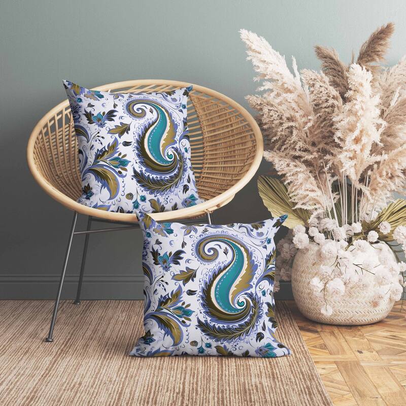Lavish Paisley Indoor/Outdoor Reversible Throw Pillow Blue and Olive