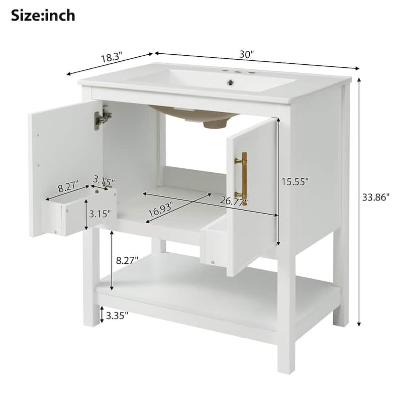 30-Inch Bathroom Vanity with Ceramic Sink, Gold Handles & Storage Shelves - Elegant Space-Saving Design