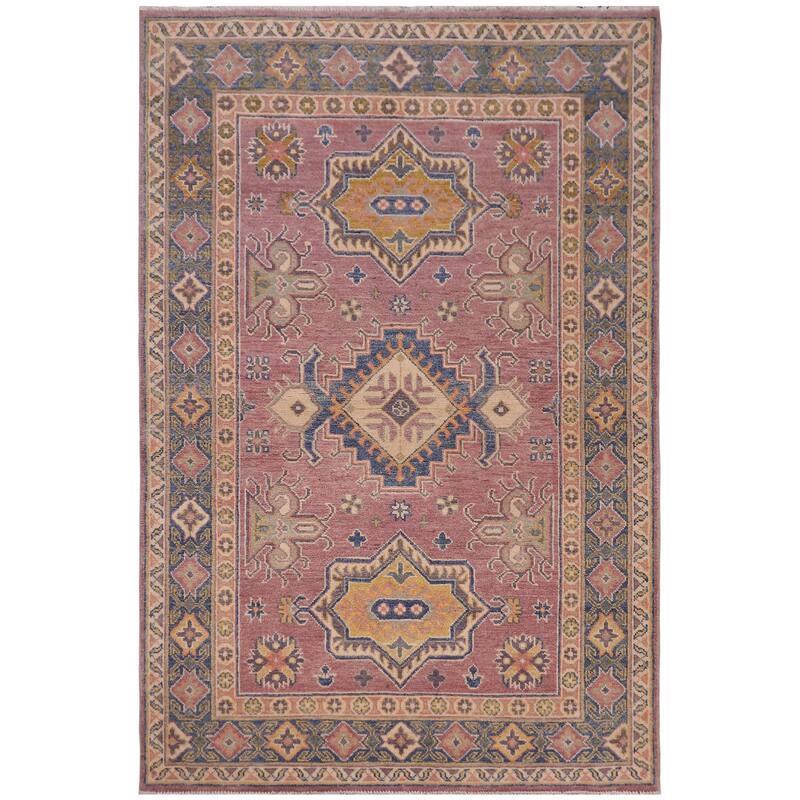 Rustic Kazak Kian Purple/Light Blue Wool Rug - 4'0'' x 5'10''