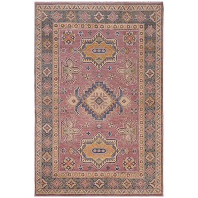 Rustic Kazak Kian Purple/Light Blue Wool Rug - 4'0'' x 5'10''