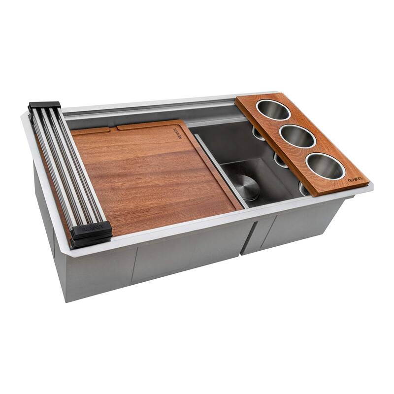 Ruvati 33-inch Workstation Dual Tier Double Bowl Low Divide Undermount 16 Gauge Stainless Steel Kitchen Sink - 33" x 19″