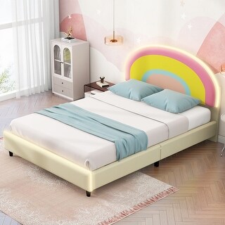 Low Profile Upholstered Bed Rainbow Pattern Headboard Height-Adjustable ...