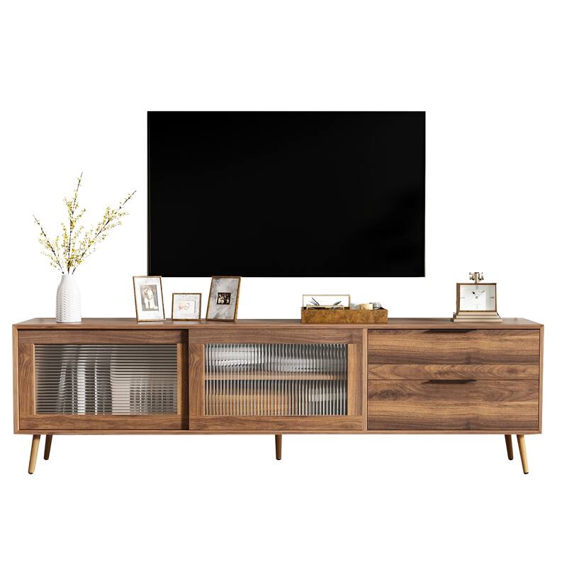 Solid Wood 2 Drawers TV Stand Media Console Table with Sliding Doors