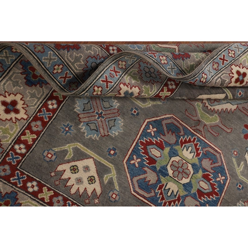 Gray Geometric Kazak Oriental Area Rug Handmade Wool Carpet - 5'0" x 6'8"