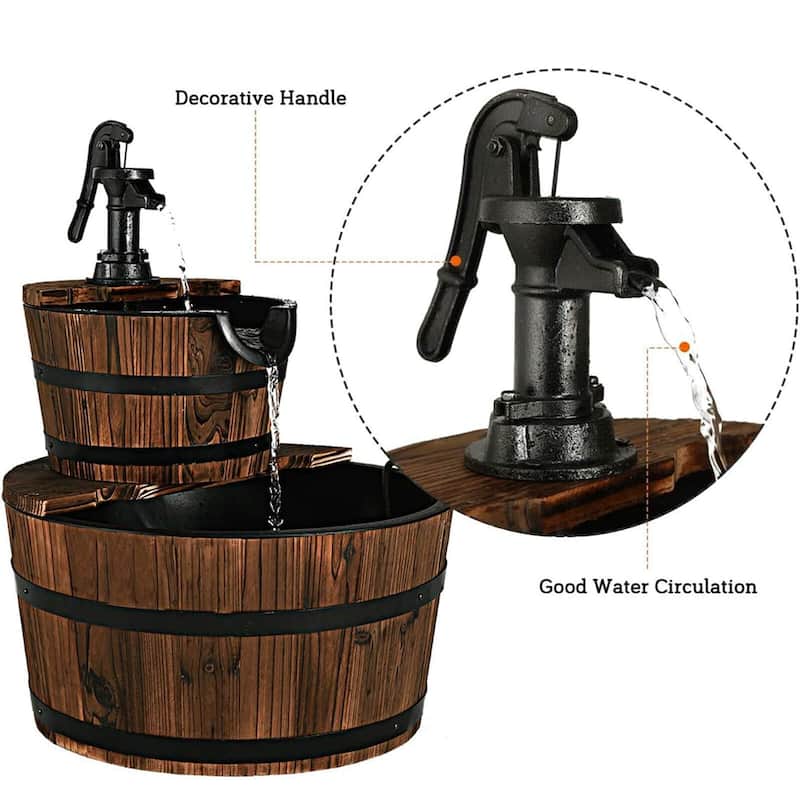 Costway 2 Tier Barrel Waterfall Fountain Barrel Wooden Water Fountain