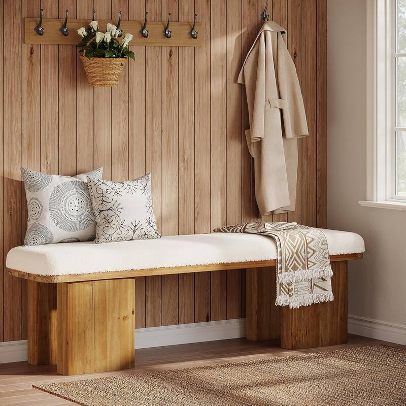 59Inch Solid Wood Entryway Bench, Upholstered End of Bed Bench with Faux Shearling Cushion, Long Ottoman for Bedroom, Entryway