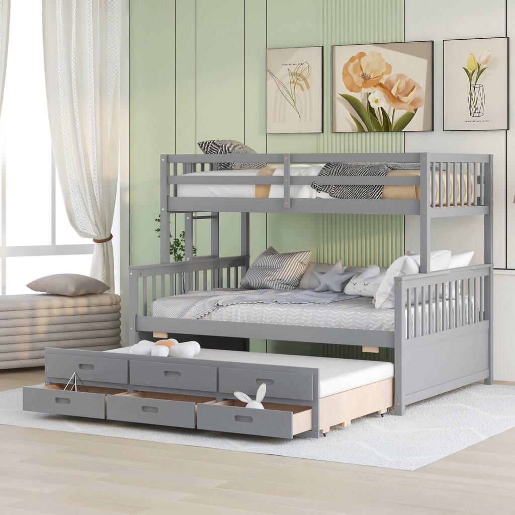 Twin-over-Full Pine Bunk Bed with Trundle and Drawers
