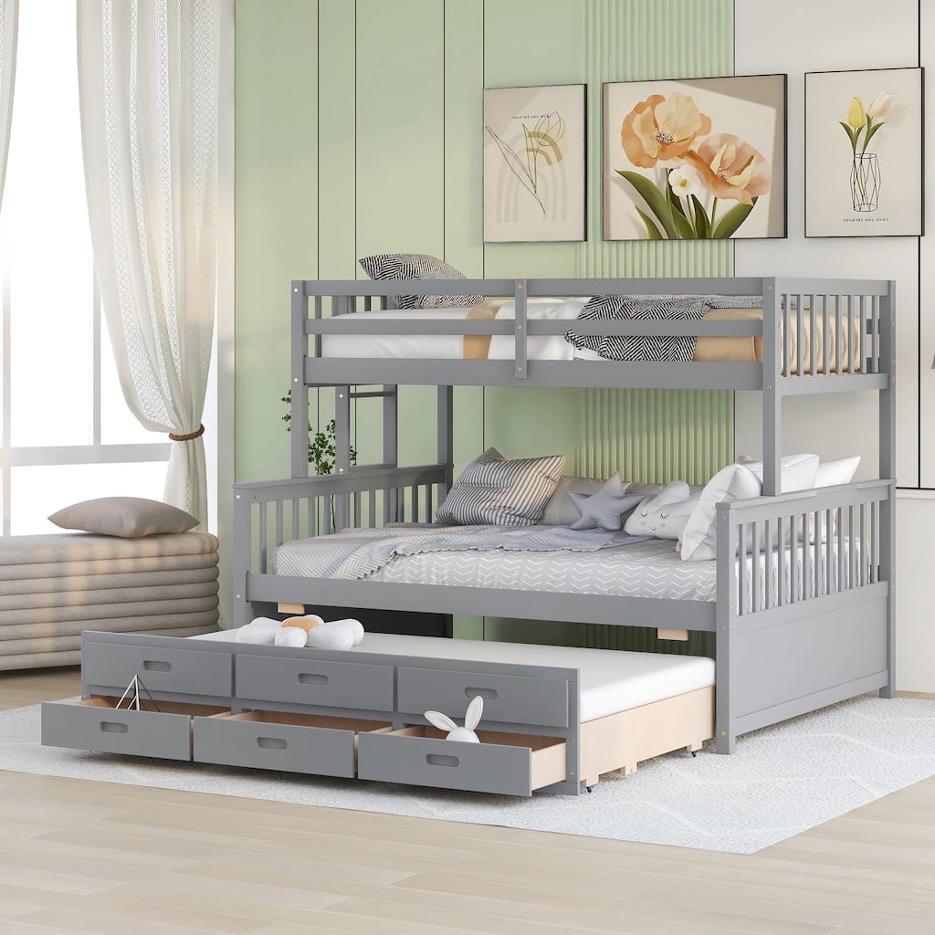 Wooden Twin-Over-Full Detachable Bunk Bed with Twin Trundle & Drawers