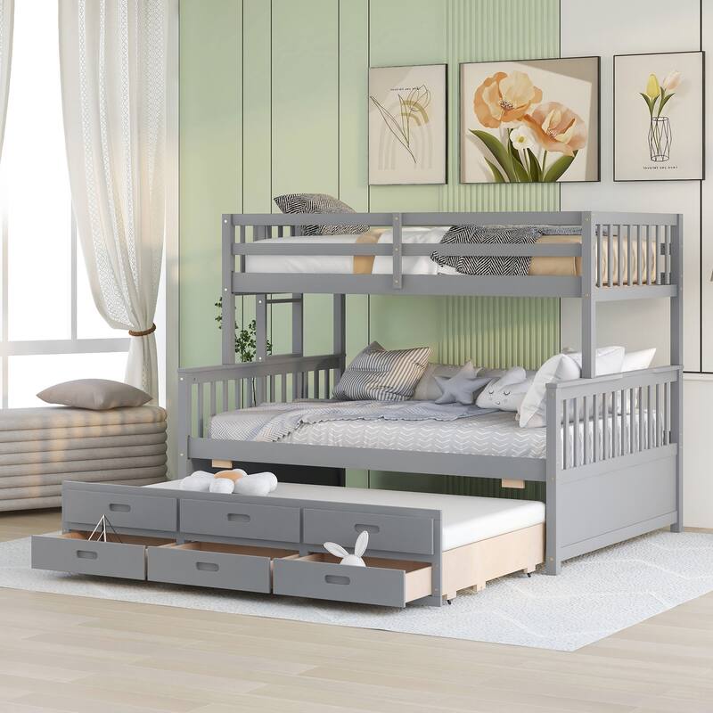 Wooden Twin-Over-Full Detachable Bunk Bed with Twin Trundle & Drawers - Gray - Full