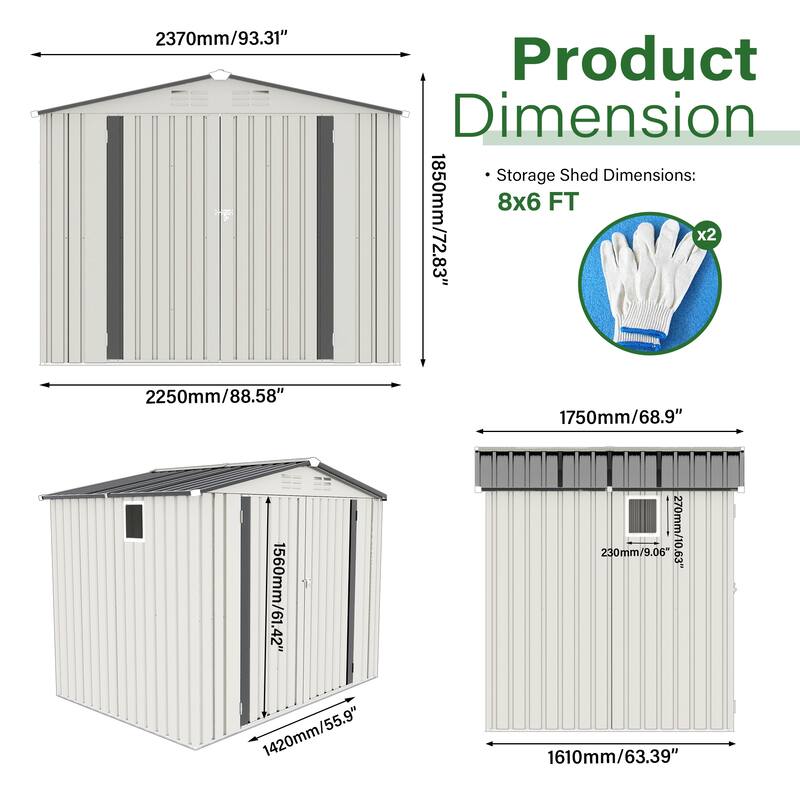 8X6 FT Metal Outdoor Storage Shed, Tool Shed with Pitched Roof Waterproof with Side Window and Lockable Door, Metal Tool Shed