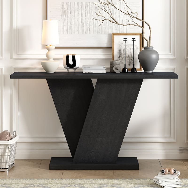 Classic Style V-Base Design Wood Console Table - Black