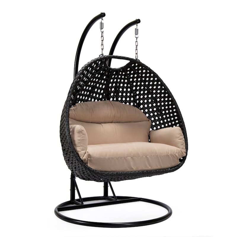 Patio 2-Person Hanging Egg Swing Chair Charcoal Wicker and Iron Frame Breathable Removable Cushion Covers by LeisureMod - Beige