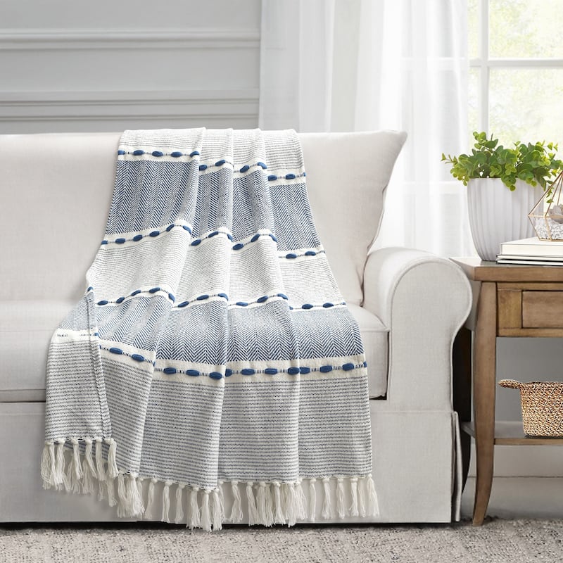 Lush Decor Herringbone Stripe Yarn Dyed Cotton Woven Tassel Throw Blanket - Navy
