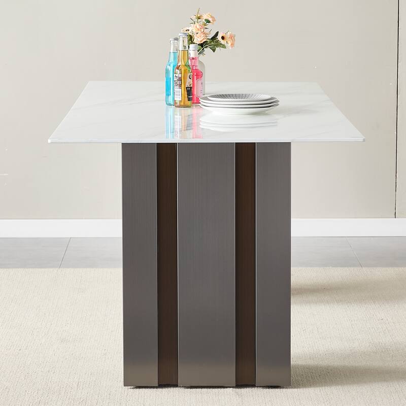 69.30 Inch Rectangular Dining Table, Modern Style, Tempered Glass With Marble Texture Tabletop, Suitable For 4-6 People