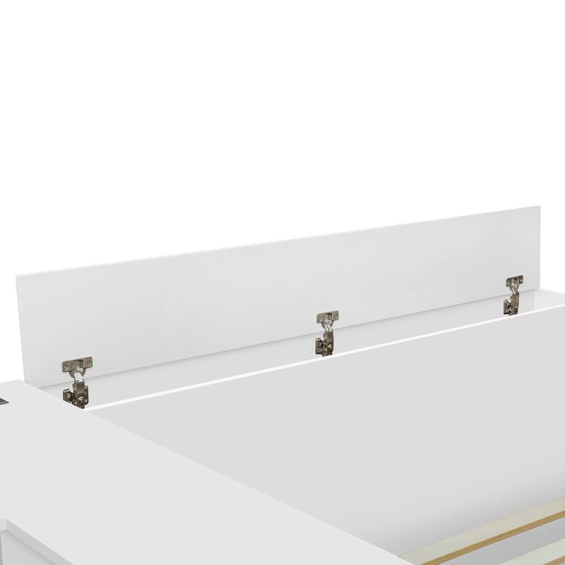 Full Size White Wooden Platform Bed with Storage, Desk, and Wardrobe