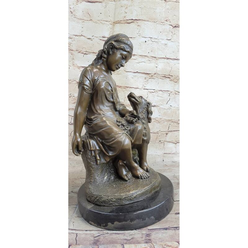 Clical Girl With Puppy Imitative Dog Bronze Statue Sculpture Figure On Marble Base 15 Inches X 8 Inches
