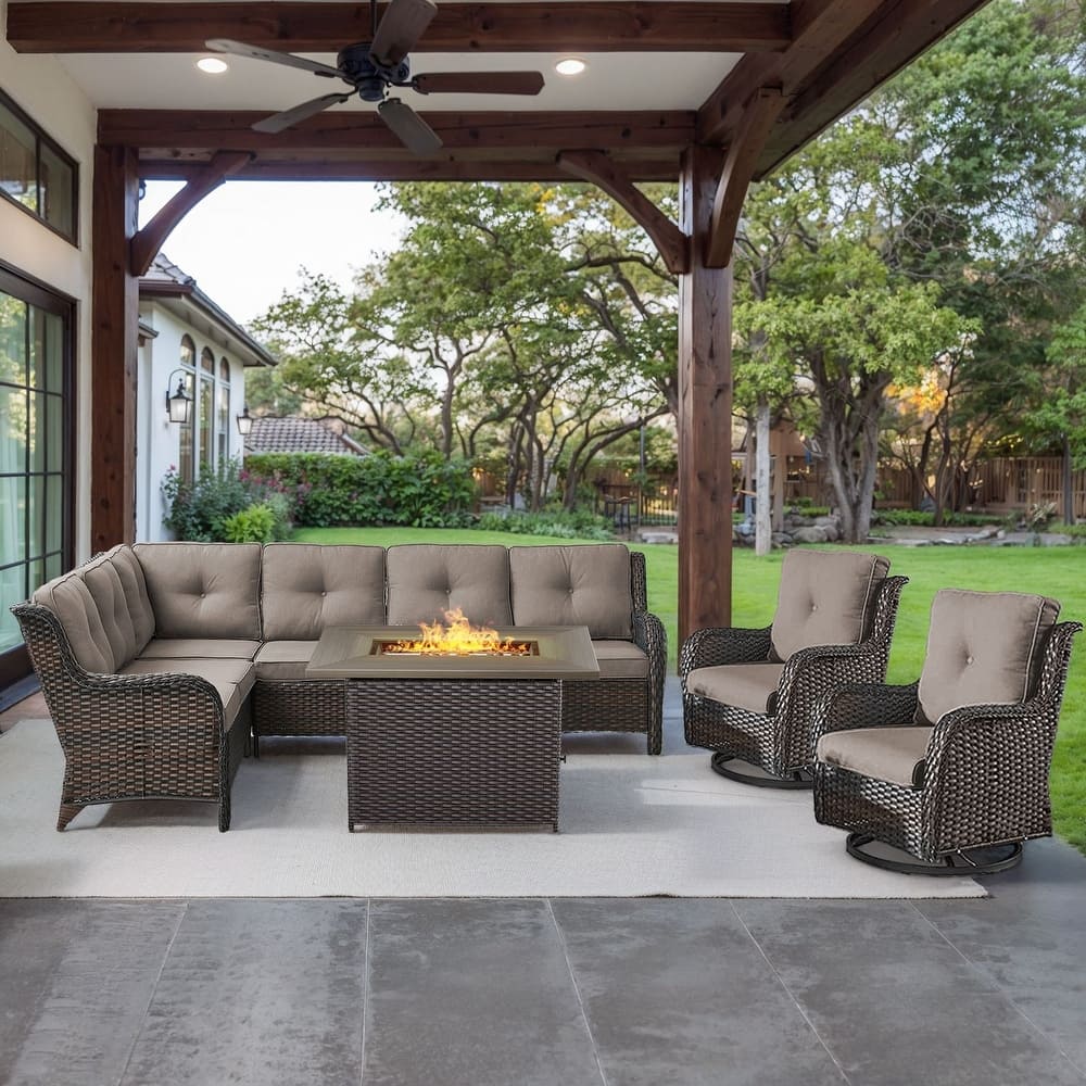 Gymojoy 4-Piece Outdoor Wicker Patio Furniture with Fire Pit and L-shaped Sectional Sofa, Coversation Set with Thick Cushions