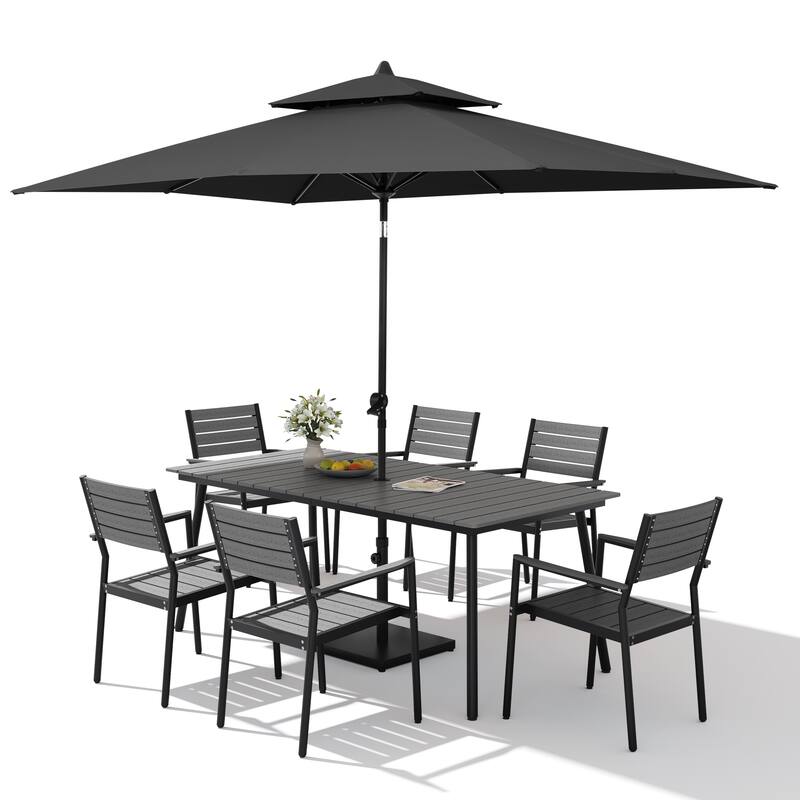 9PC Outdoor Patio Dining Set Aluminum Table with Stackable Armchairs w/ Market Umbrella Set
