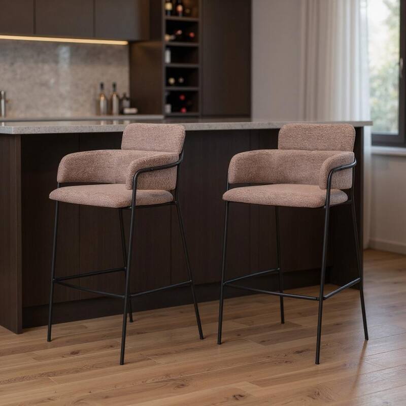 HomeRoots Set of Two 30" Brown and Black Faux Shearling and Steel Bar Height Bar Chairs - Bar Height - Brown - Set of 2