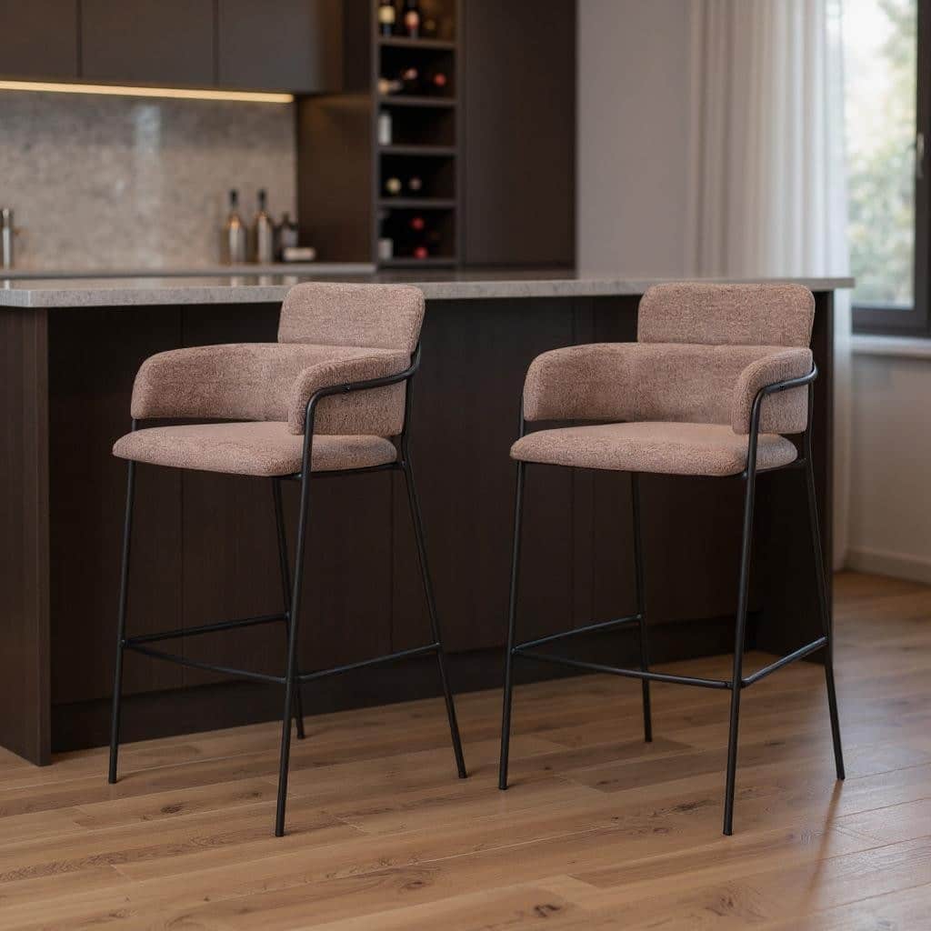 HomeRoots Set of Two 30" Brown and Black Faux Shearling and Steel Bar Height Bar Chairs