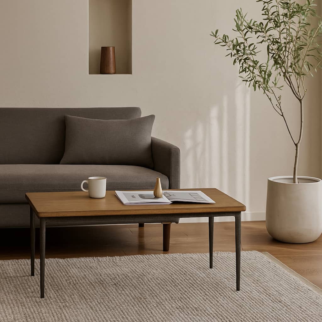 Lemy Coffee Table, 48 Inch Rectangular Brown Top, Black Metal Frame