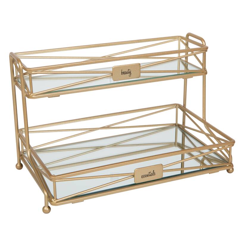 Home Details 2 Tier Vanity Tower in Matte Black - 10.25"x 6.5"x 6.70" - Satin Gold