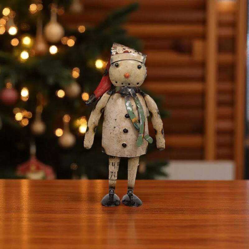 Rustic Free Standing Snowgirl Statue with Metal Patchwork, Seasonal Christmas Tabletop Decoration - 5.5”L x 2.5”W x 10”H