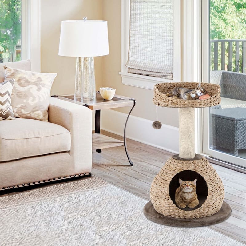 Gymax 28'' Hand-Made Cat Tree Tower Natural Bowl Shaped w/Perch