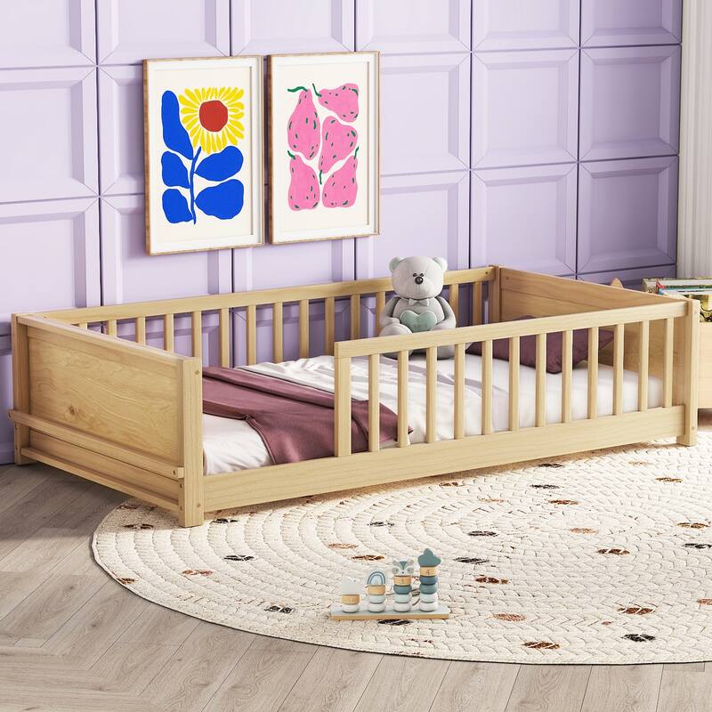 GDFStudio - Kensington Twin Floor Platform Bed with Built-in Book Storage Rack and Guardrails