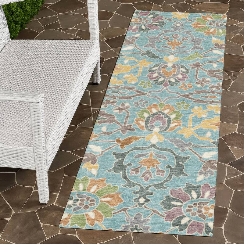 Machine Washable Indoor/ Outdoor Traditional Blanca Chantille Rug - Teal - 2'3" x 7'6"