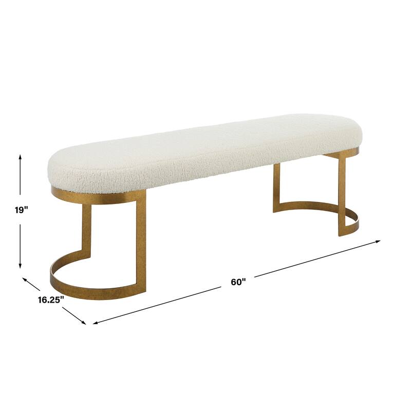 Shearling Top Bench with Hand Forged Base - 60" - White and Gold