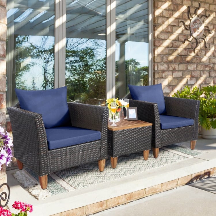 3 Pieces Patio Rattan Bistro Furniture Set with Wooden Table Top - Navy