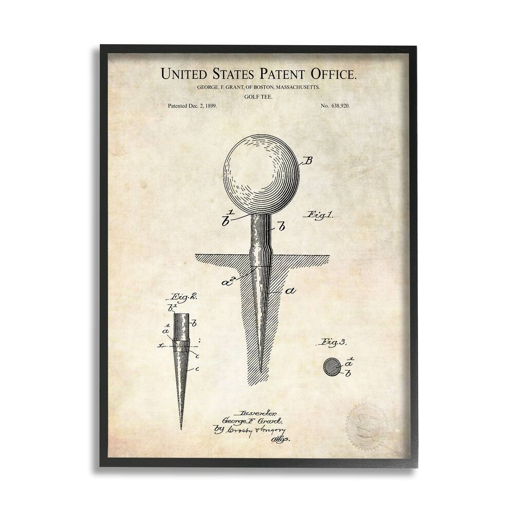 Stupell Golf Ball Tee Patent Blueprint Diagram Outline Framed Wall Art - Beige