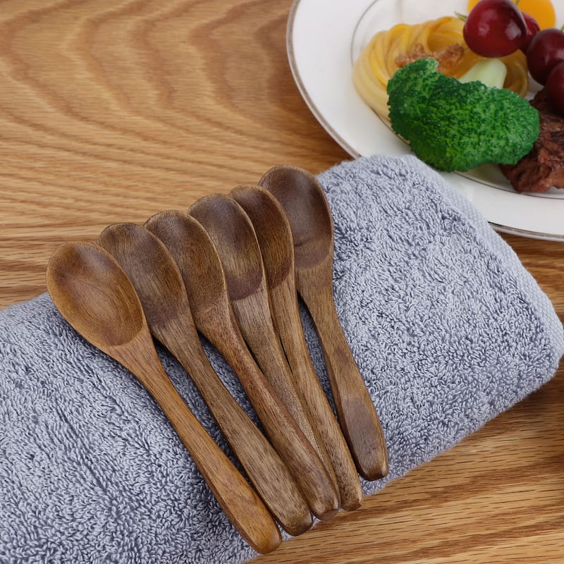 Wooden Spoons 6 Pcs Natural Grain Soup Spoon Salt Sugar Dinner Spoons 4.7" Brown